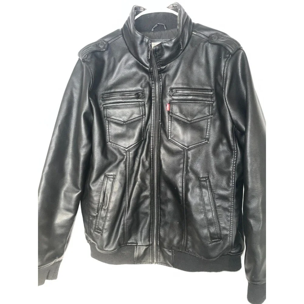 Levis Jacket Mens L Black Faux Leather Fleece Lined Full Zip Moto Biker Aviator
